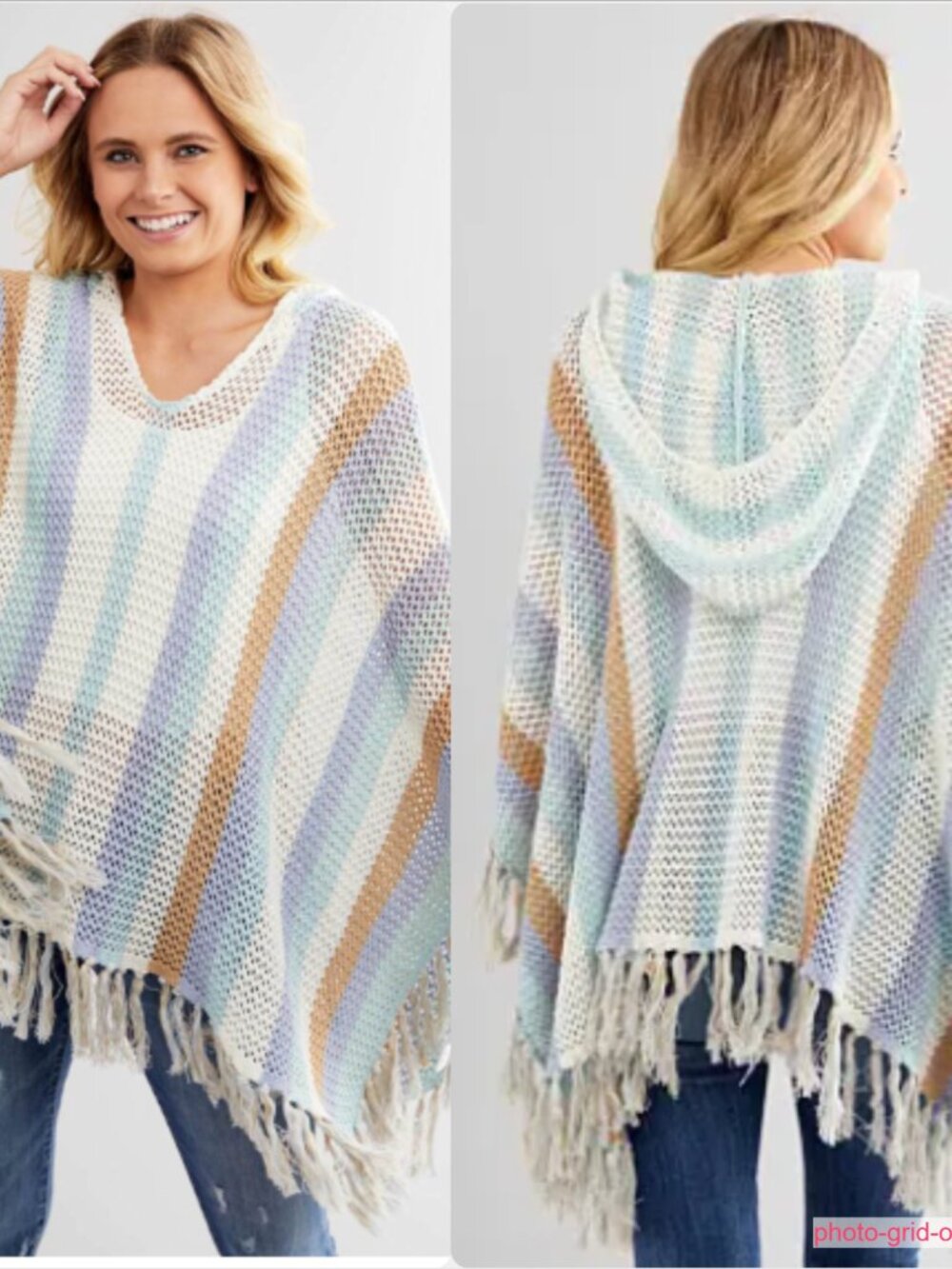 Miss Me Open Weave Hooded Sweater Poncho S/M Multicolor Stripe Fringe Trim